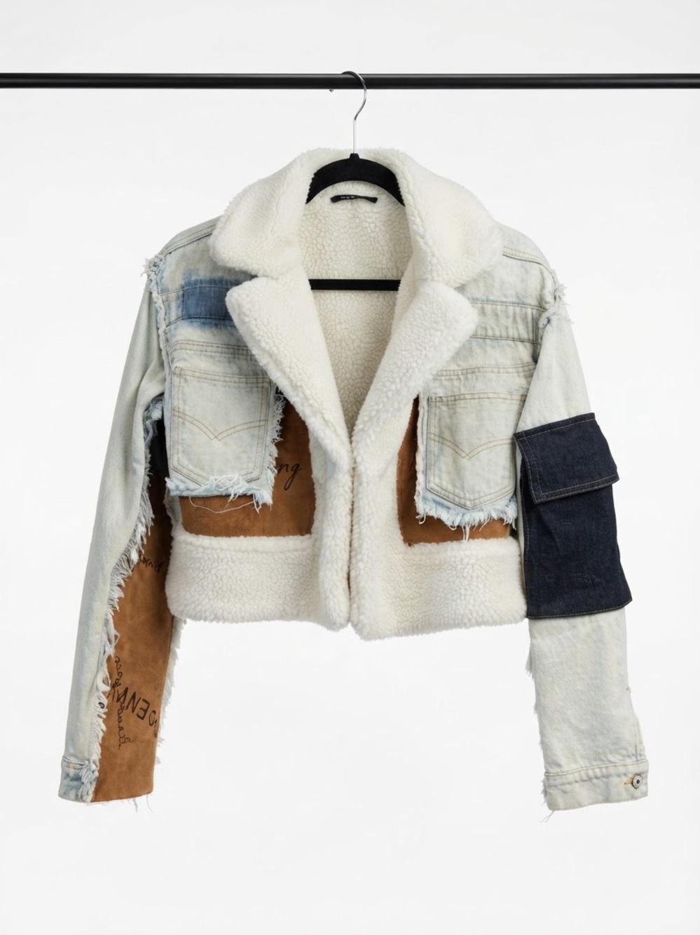 Beulah Mixed-Media Sherpa Jean Jacket — Cream, Light Denim, Brown & Dark Denim
